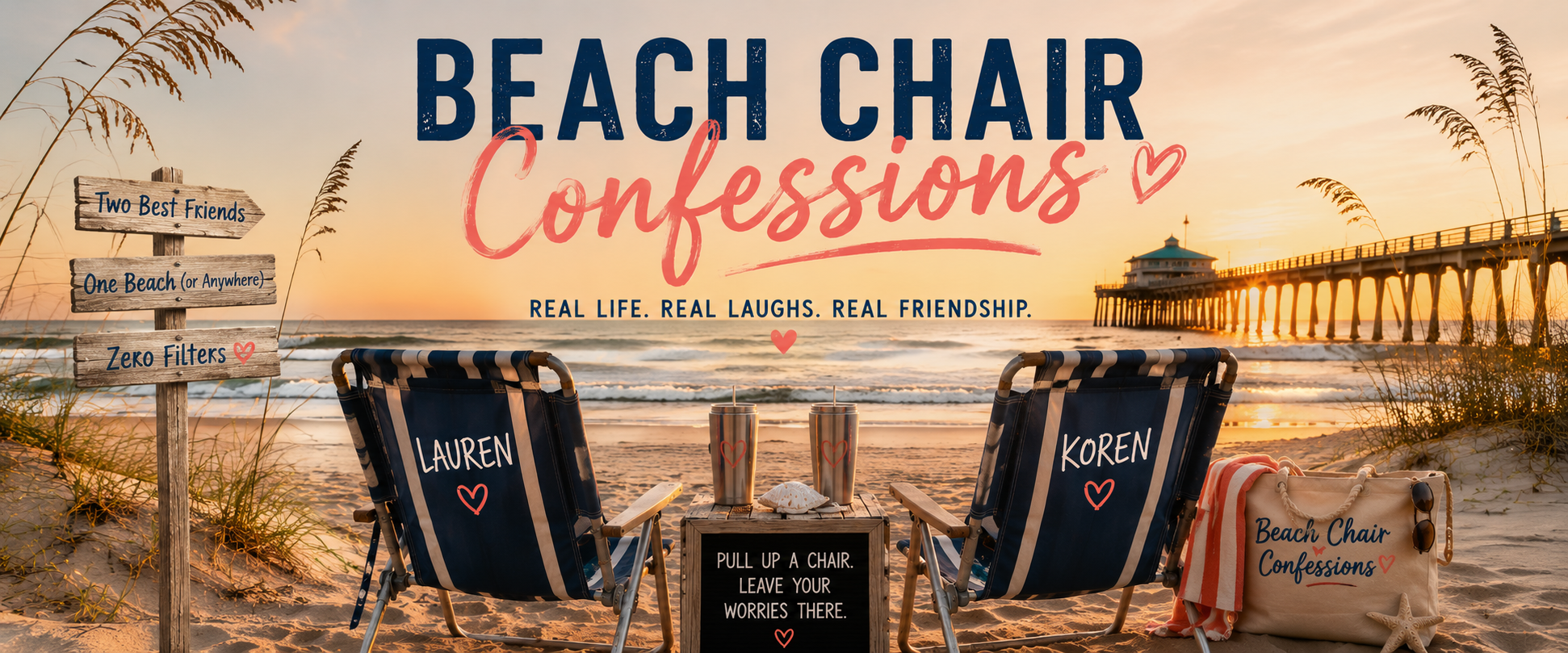 Lauren and Koren in matching beach chairs facing the sunset, Beach Chair Confessions